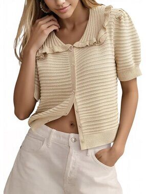 Women's Apricot Short Sleeve Button Up Imported Tops Causal Cardigan Sweater
